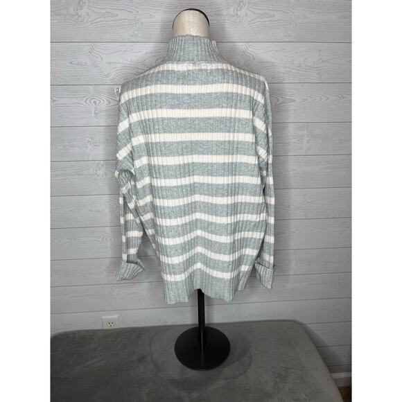 Loft gray & white striped ribbed knit mock t-neck pullover sweater Size L NWT - Picture 4 of 7